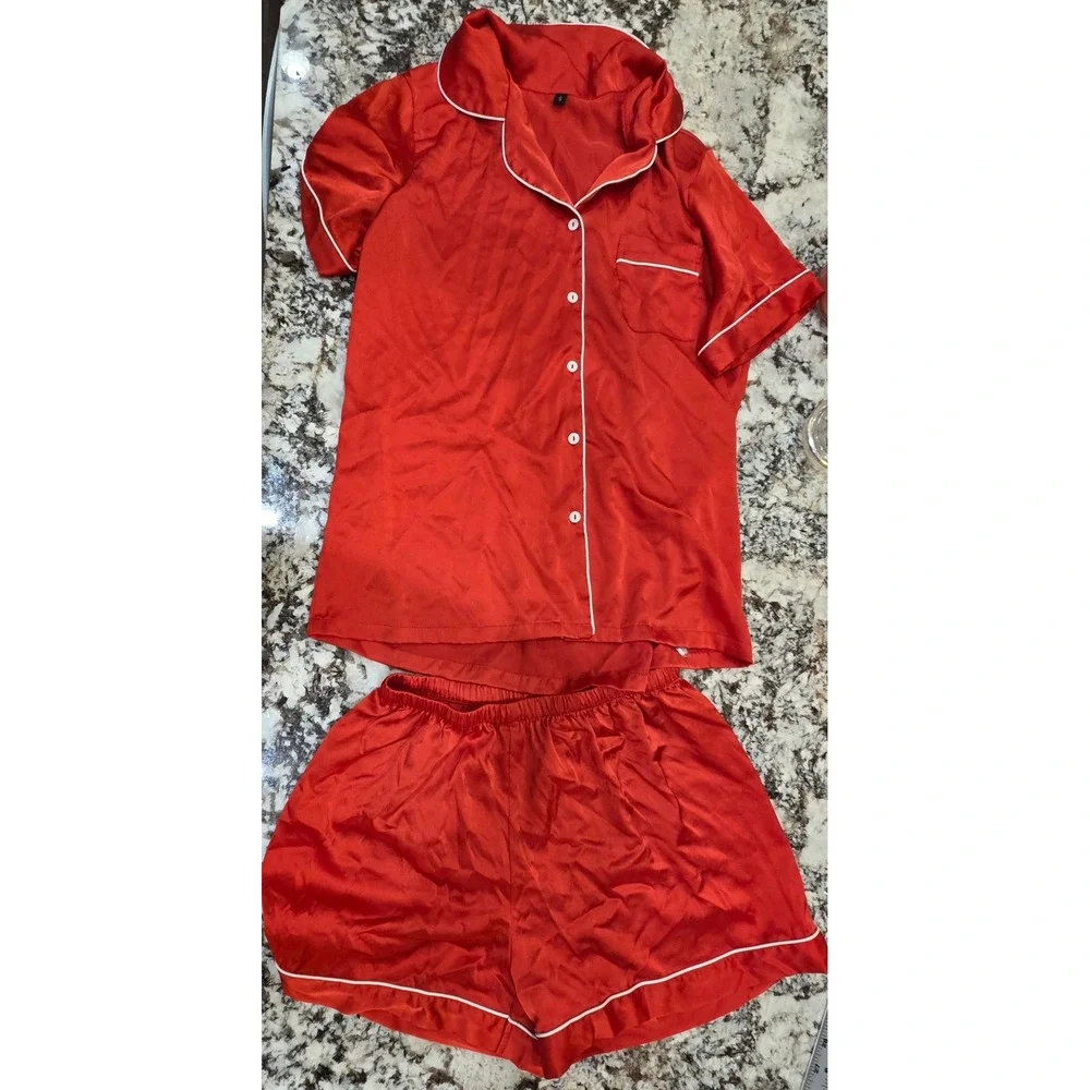 Red Satin Pajama Set Short Sleeve Button Down Shirt and Shorts Size S‎
